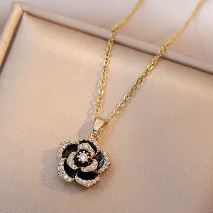 Korean Black Camellia Flower Pearl Drop Earrings Necklace Set (4 pcs)